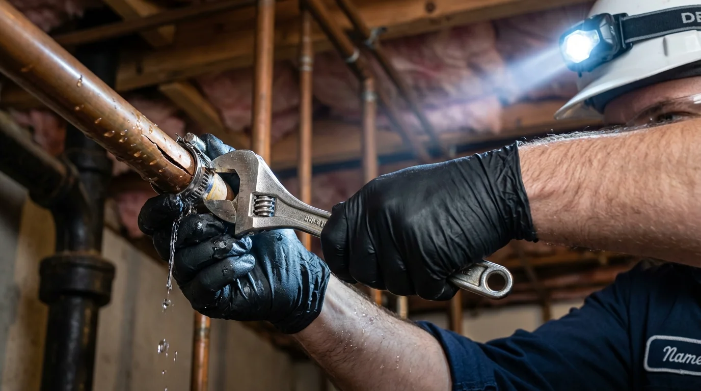 Emergency pipe clamp repair being performed by a Johns Plumbing LLC plumber in Oak Park