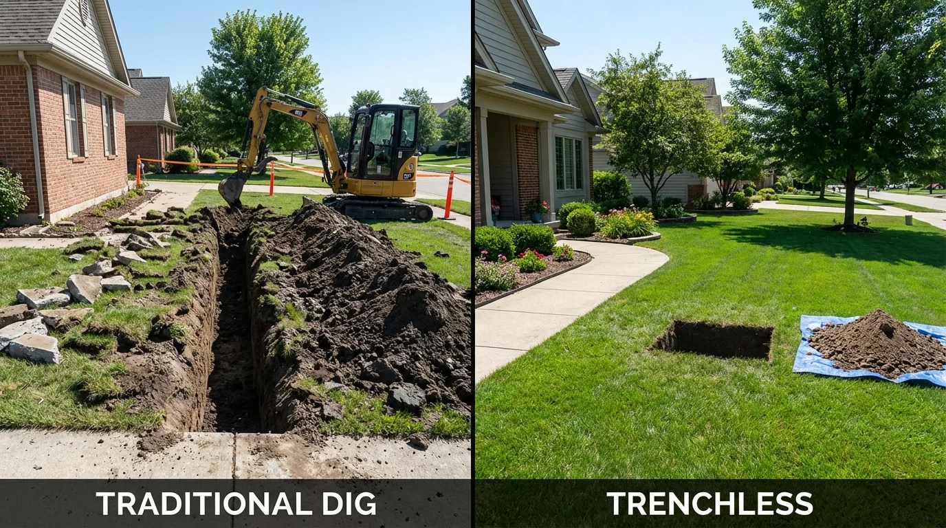 Trenchless sewer repair with minimal yard damage versus traditional excavation in Oak Park, IL