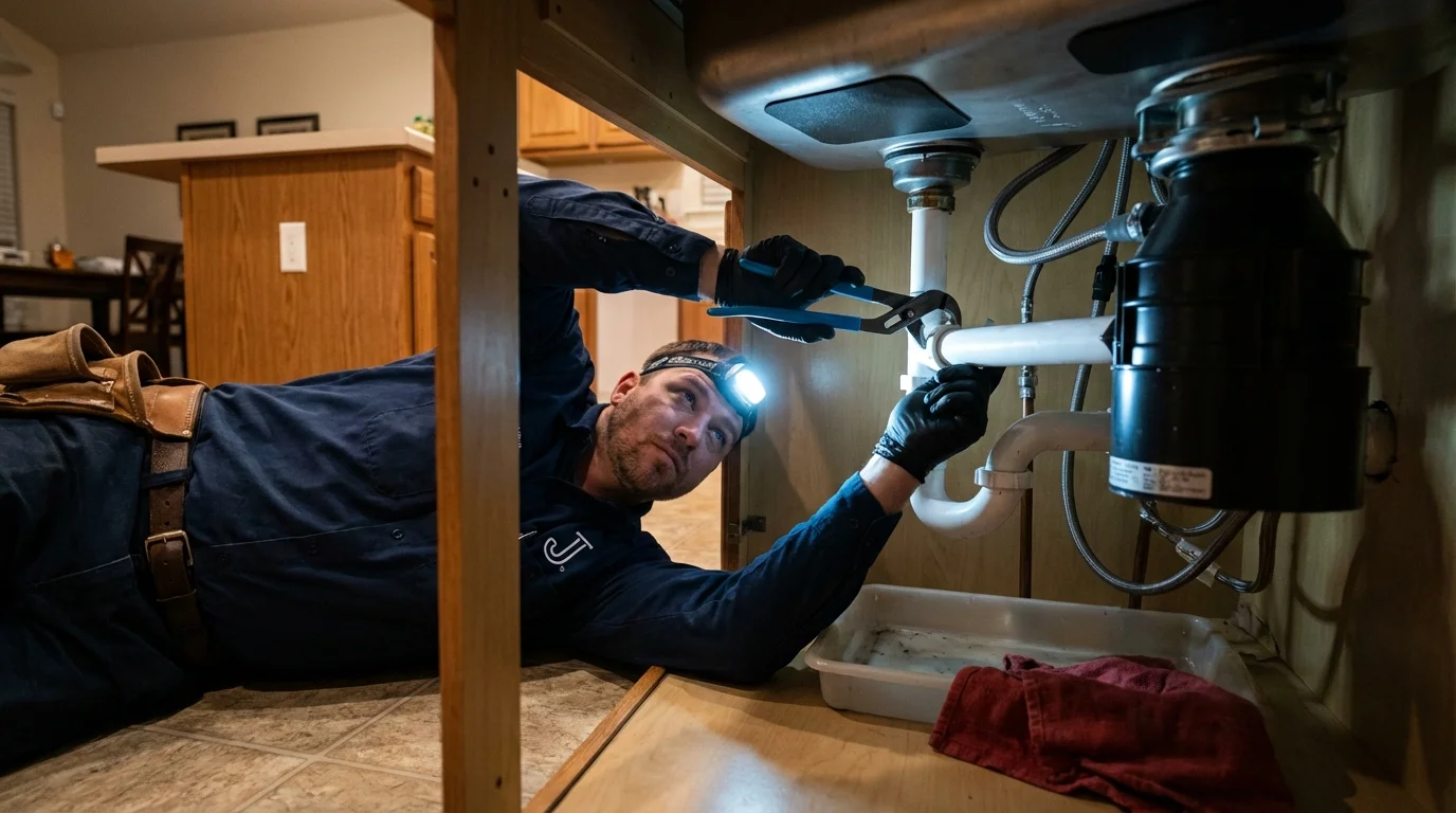 P-trap and supply line connections under a kitchen sink showing a common leak point in Oak Park, IL