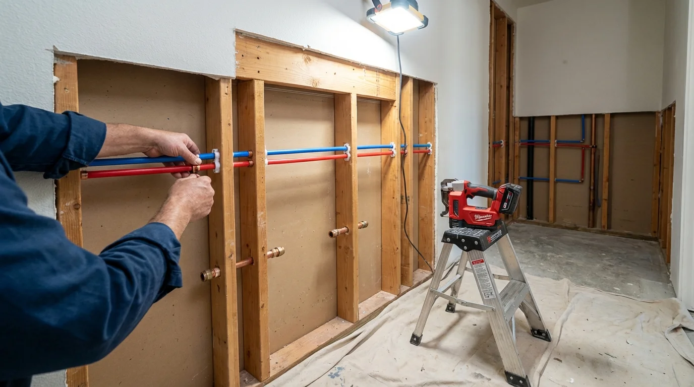 Old galvanized pipes being replaced with modern PEX piping during a whole-house repipe in Oak Park, IL